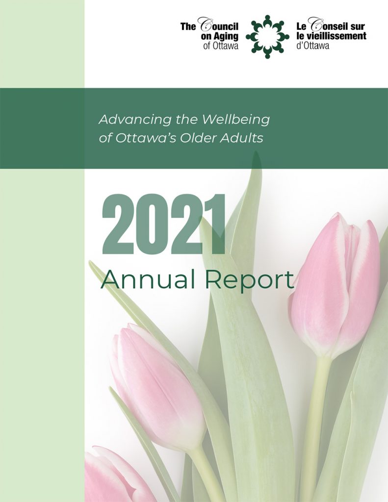 2021 Annual Report cover showing a few pink tulips