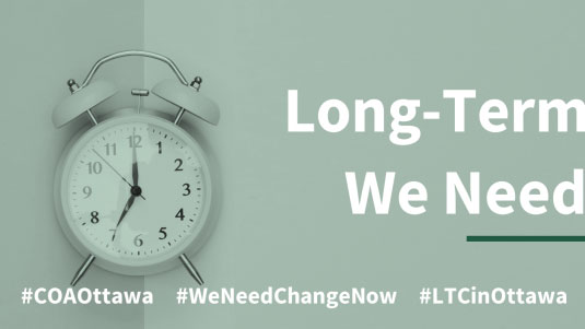 A banner showing a clock to promote Long-term care homes in Ottawa