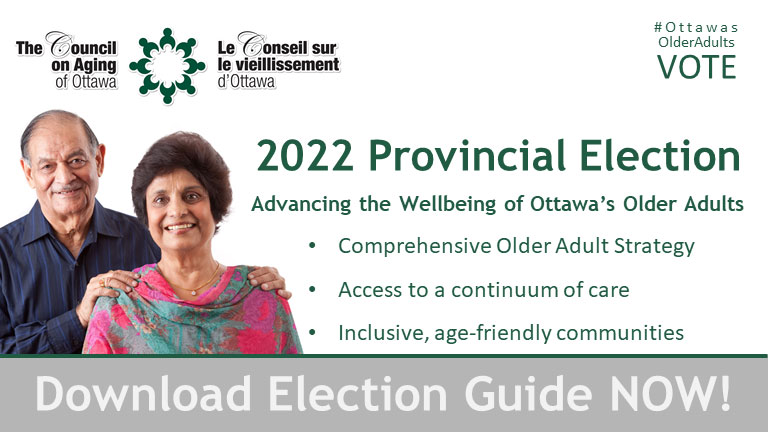 A banner showing an older couple to promote provincial election 2022 guide