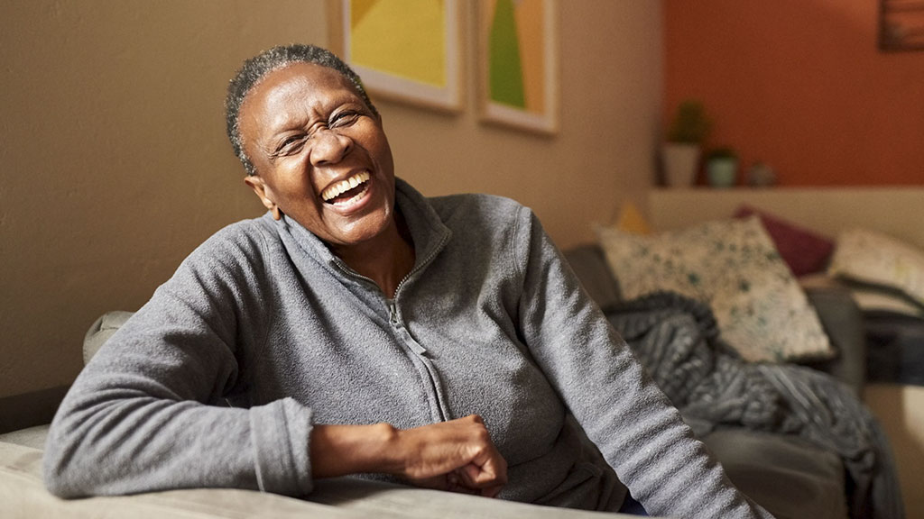 A cheerful elderly woman