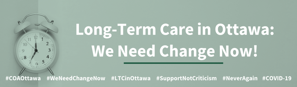 A banner showing a clock to promote Long-term care homes in Ottawa